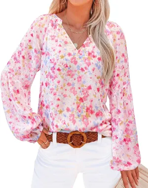 BTFBM Boho Blouses for Women Dressy Casual Floral Long Sleeve Shirts V Neck Lightweight Chiffon Summer Spring Tops 2025