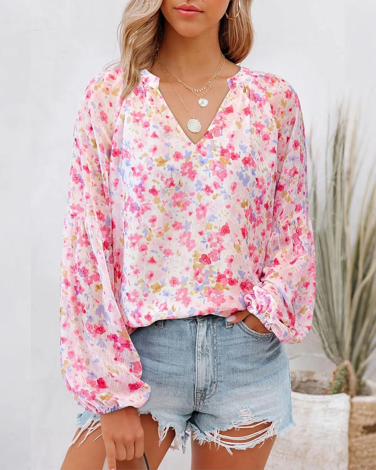 BTFBM Boho Blouses for Women Dressy Casual Floral Long Sleeve Shirts V Neck Lightweight Chiffon Summer Spring Tops 2025