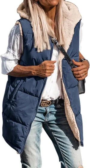 BTFBM Fall Long Puffer Vest Women Sleeveless Hooded Reversible Fleece Sherpa Jacket Zip Up Winter Coat Outerwear Vests