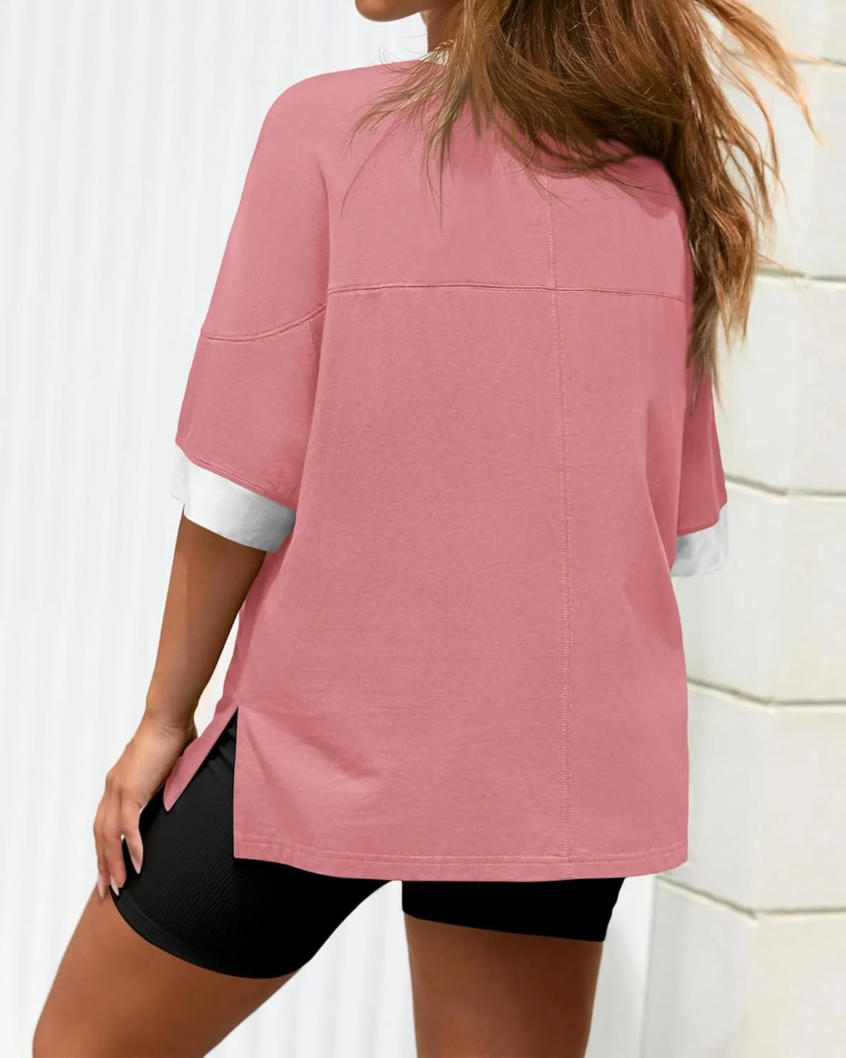 BTFBM Womens Oversized T Shirts Dressy Casual Short Sleeve Summer Tops Crew Neck Color Block Blouse Loose Fit Basic Tee