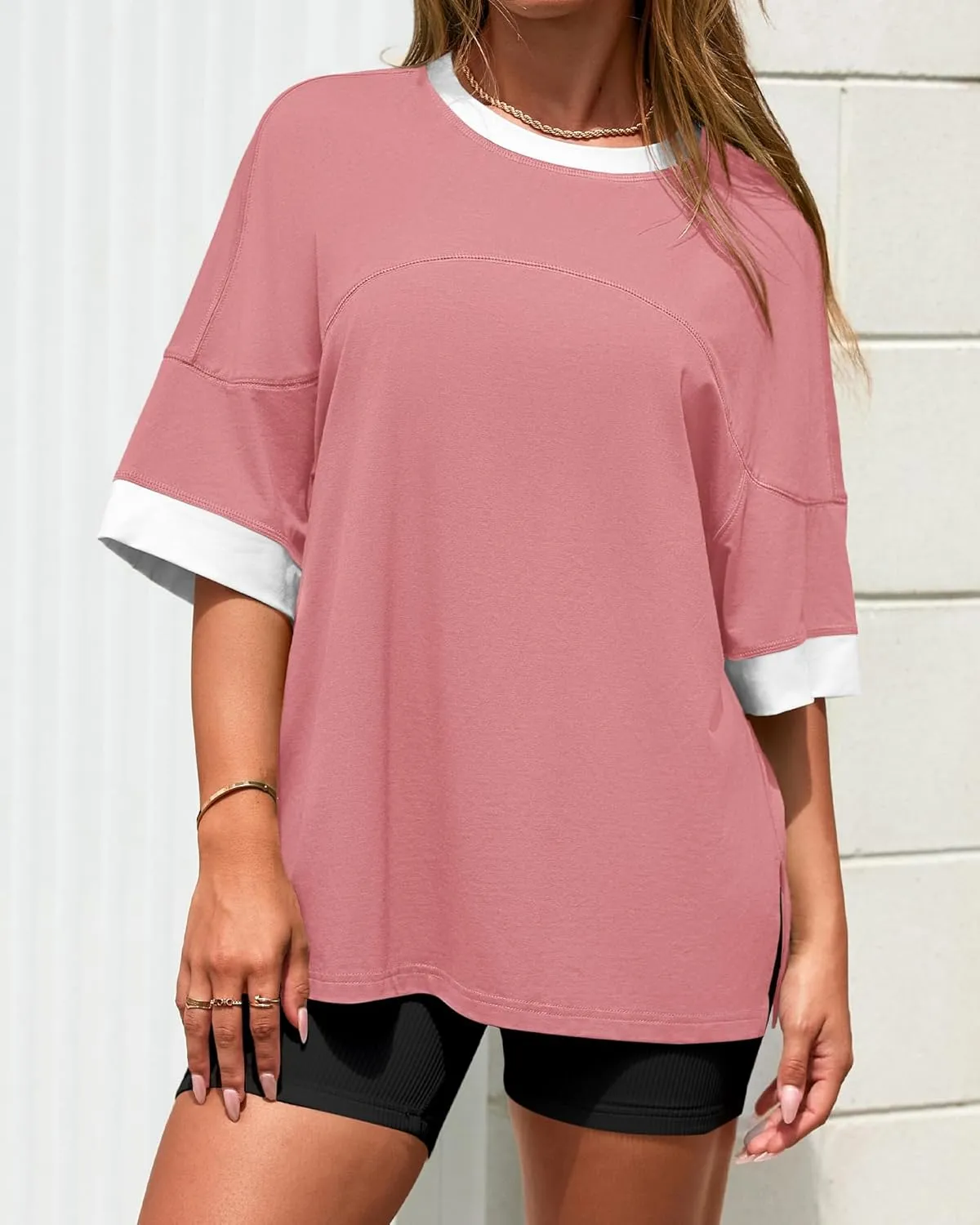 BTFBM Womens Oversized T Shirts Dressy Casual Short Sleeve Summer Tops Crew Neck Color Block Blouse Loose Fit Basic Tee