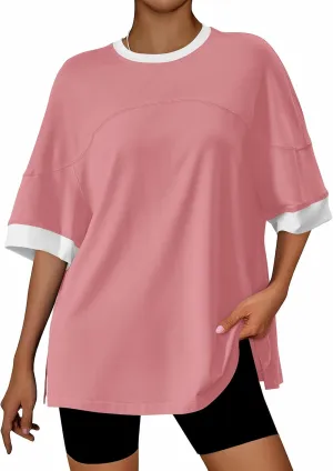 BTFBM Womens Oversized T Shirts Dressy Casual Short Sleeve Summer Tops Crew Neck Color Block Blouse Loose Fit Basic Tee