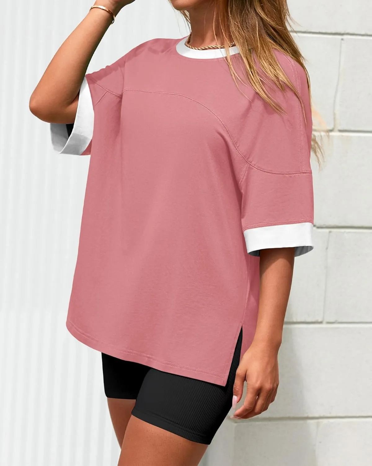 BTFBM Womens Oversized T Shirts Dressy Casual Short Sleeve Summer Tops Crew Neck Color Block Blouse Loose Fit Basic Tee