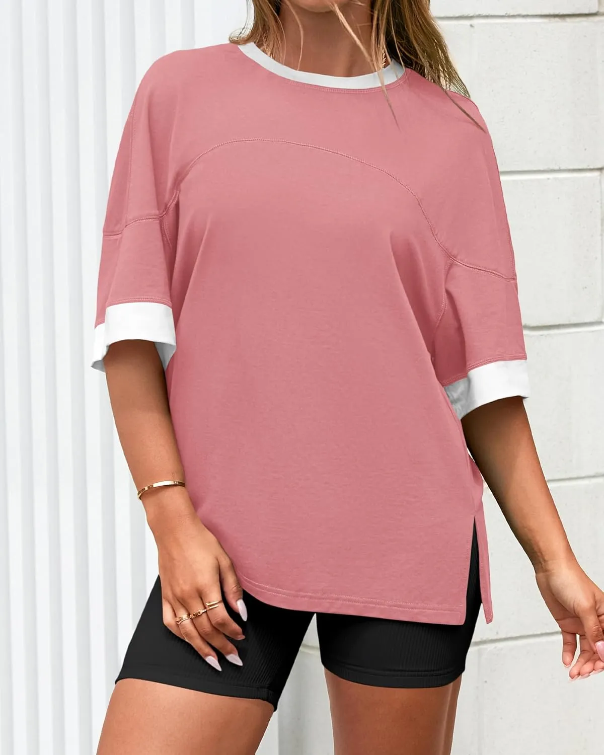 BTFBM Womens Oversized T Shirts Dressy Casual Short Sleeve Summer Tops Crew Neck Color Block Blouse Loose Fit Basic Tee