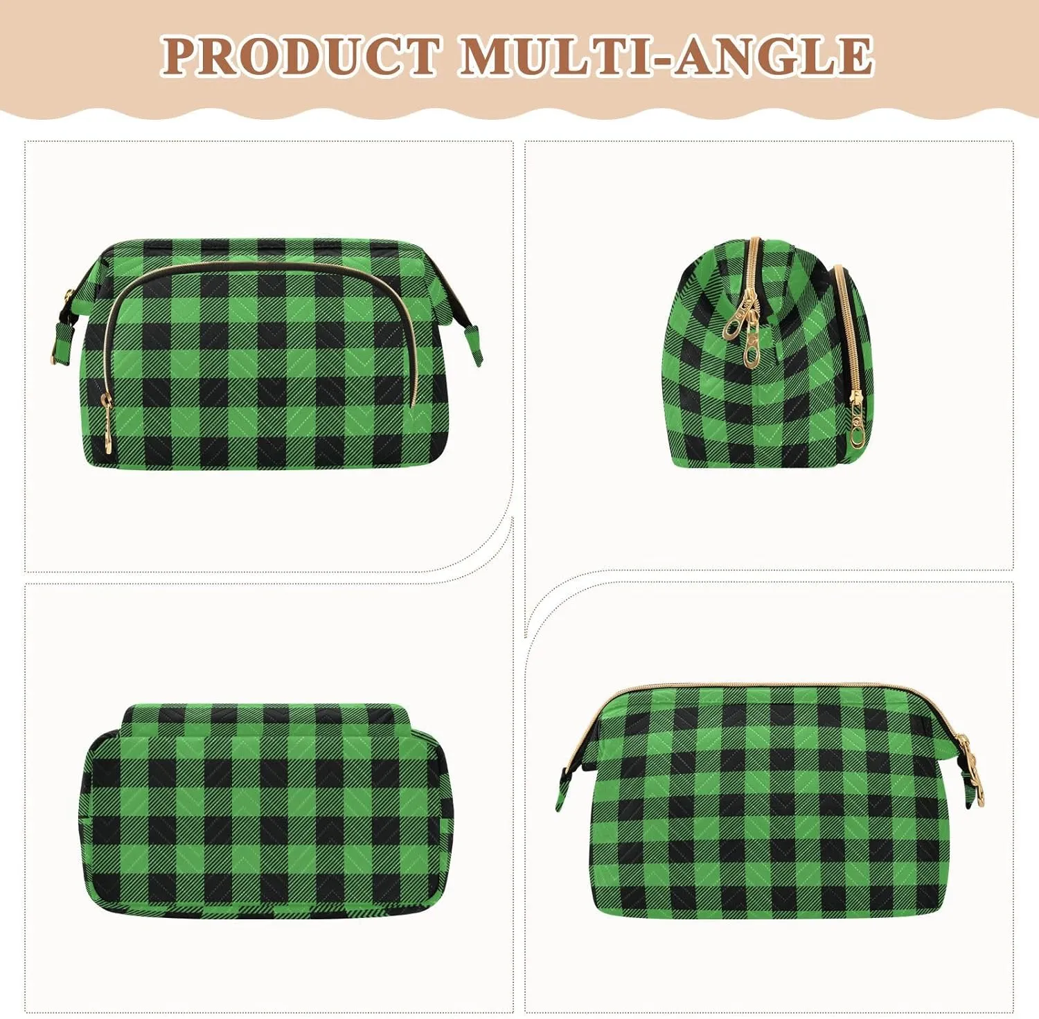 Buffalo Plaid Green Makeup Bag Travel Toiletry Bag Cosmetic Bag Pouch Cute Large Makeup Case Box Skincare Bag Organizer Make Up Bags for Toiletries Women Purse Men Adults Trip Sports