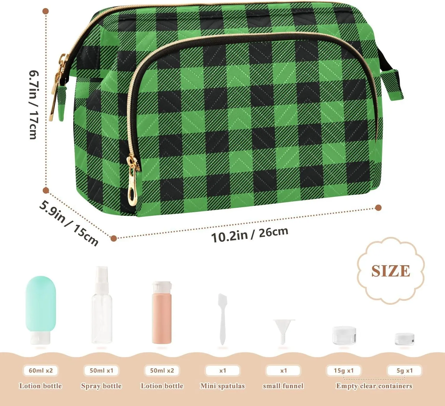 Buffalo Plaid Green Makeup Bag Travel Toiletry Bag Cosmetic Bag Pouch Cute Large Makeup Case Box Skincare Bag Organizer Make Up Bags for Toiletries Women Purse Men Adults Trip Sports