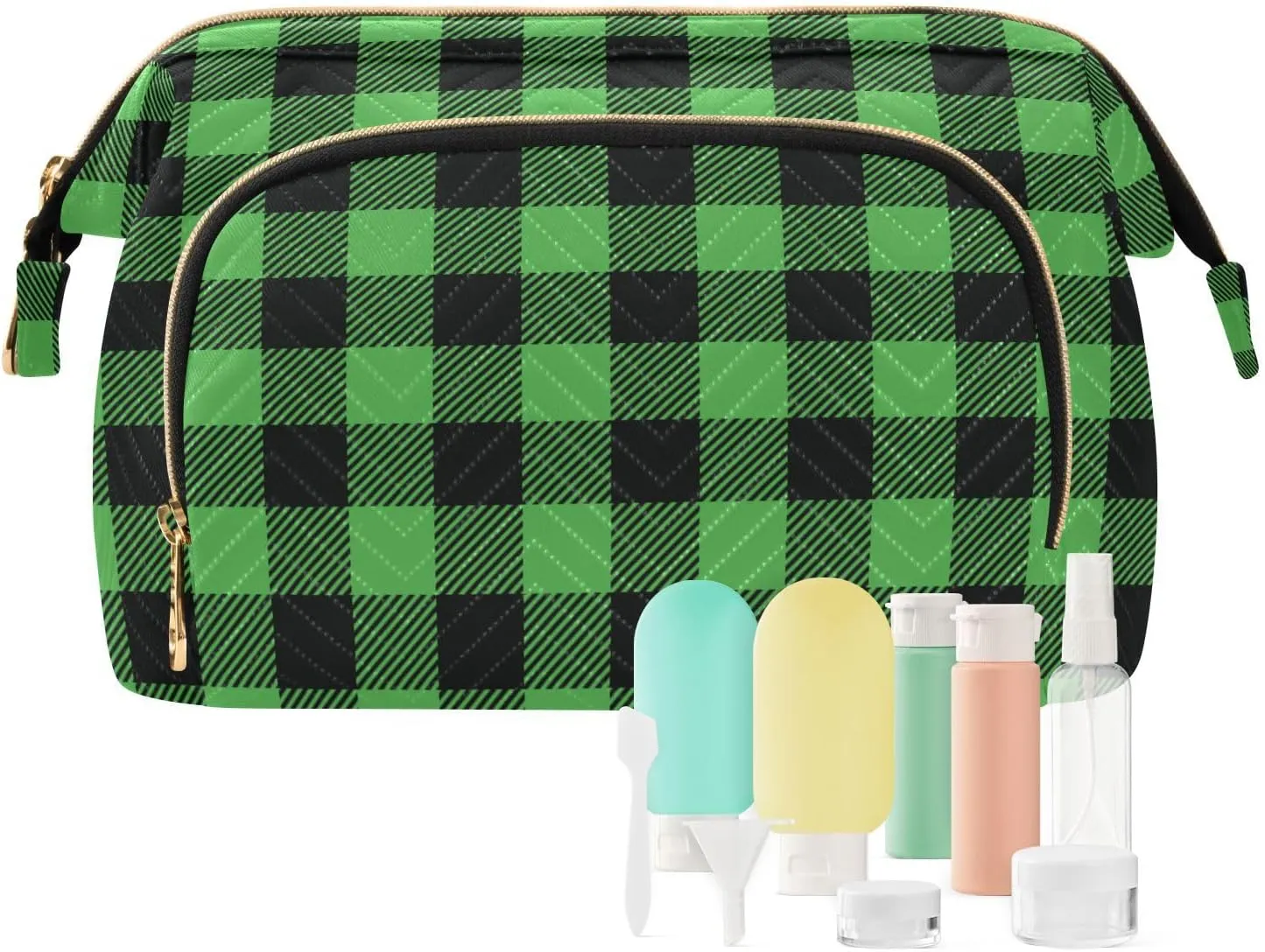 Buffalo Plaid Green Makeup Bag Travel Toiletry Bag Cosmetic Bag Pouch Cute Large Makeup Case Box Skincare Bag Organizer Make Up Bags for Toiletries Women Purse Men Adults Trip Sports