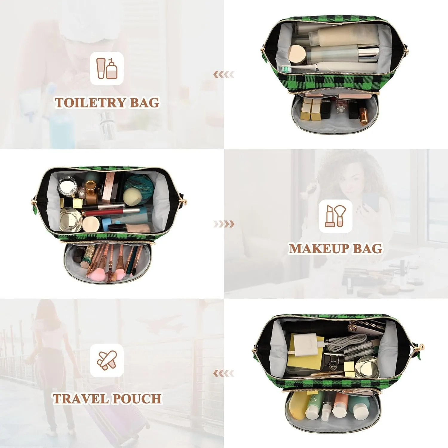 Buffalo Plaid Green Makeup Bag Travel Toiletry Bag Cosmetic Bag Pouch Cute Large Makeup Case Box Skincare Bag Organizer Make Up Bags for Toiletries Women Purse Men Adults Trip Sports