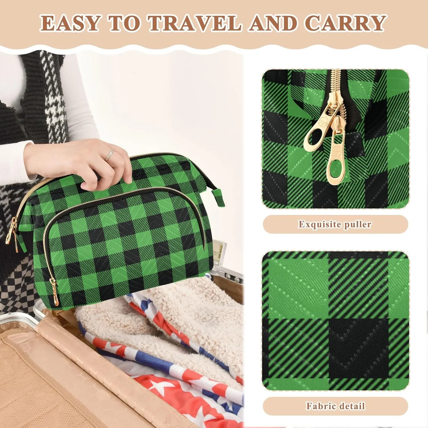Buffalo Plaid Green Makeup Bag Travel Toiletry Bag Cosmetic Bag Pouch Cute Large Makeup Case Box Skincare Bag Organizer Make Up Bags for Toiletries Women Purse Men Adults Trip Sports