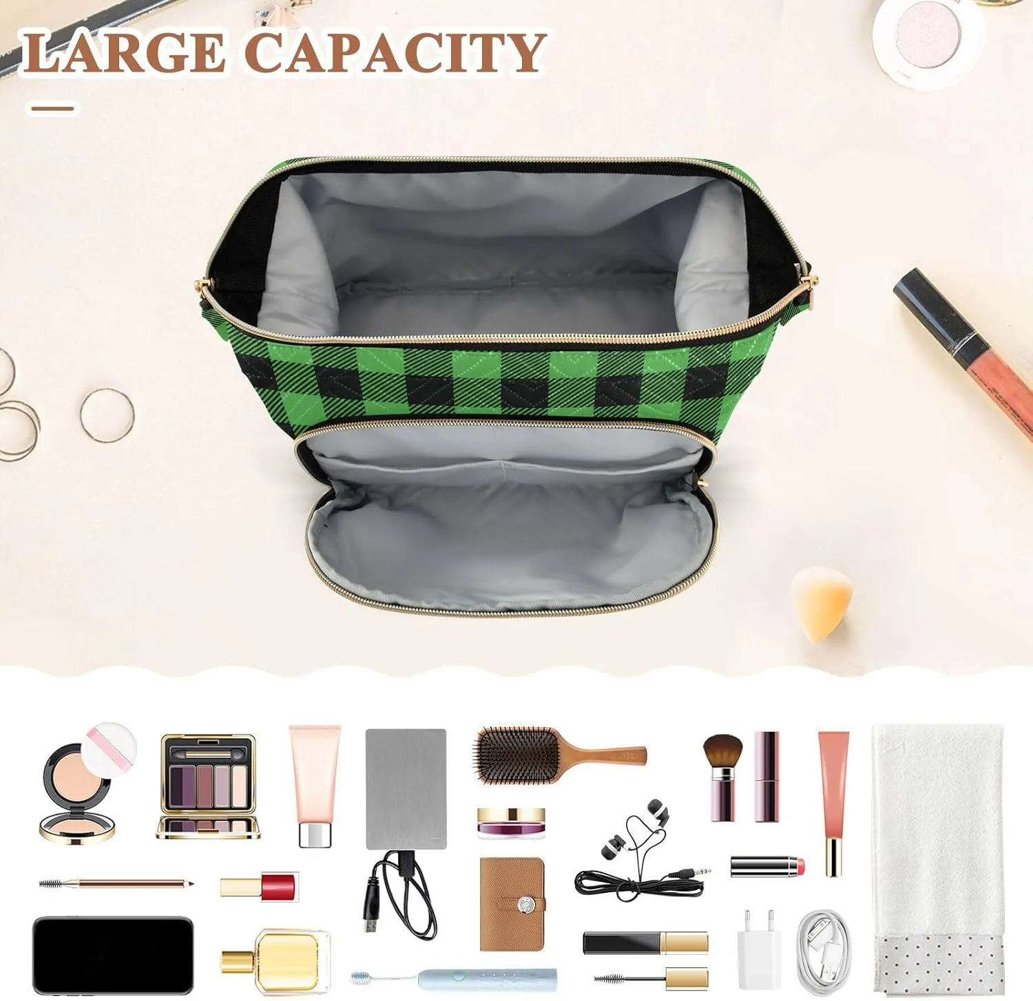 Buffalo Plaid Green Makeup Bag Travel Toiletry Bag Cosmetic Bag Pouch Cute Large Makeup Case Box Skincare Bag Organizer Make Up Bags for Toiletries Women Purse Men Adults Trip Sports