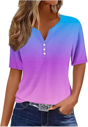 Button Down Shirts for Women Short Sleeve Summer Casual Tops V Neck Floral Print Henley Tshirt Trendy Tunic Blouses
