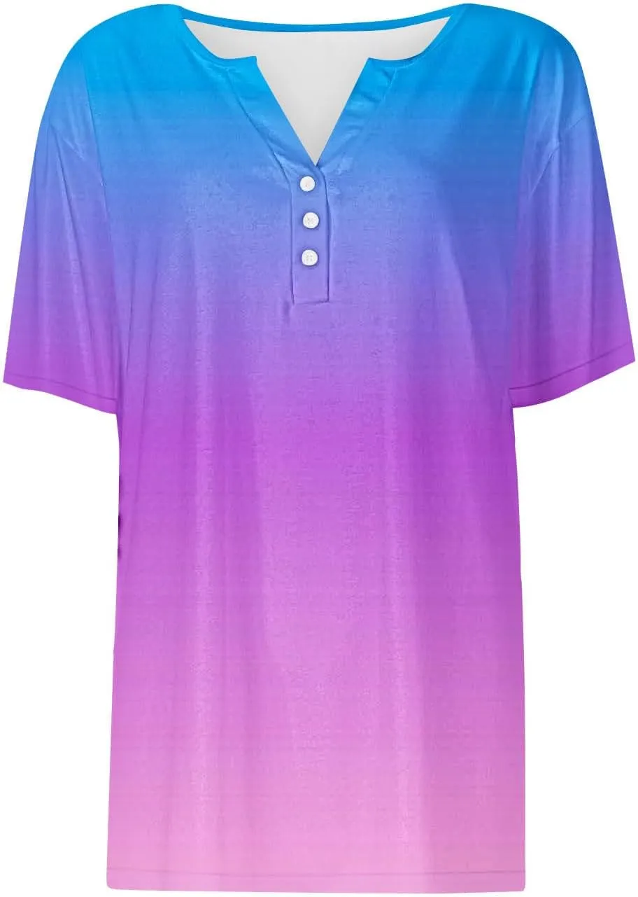 Button Down Shirts for Women Short Sleeve Summer Casual Tops V Neck Floral Print Henley Tshirt Trendy Tunic Blouses
