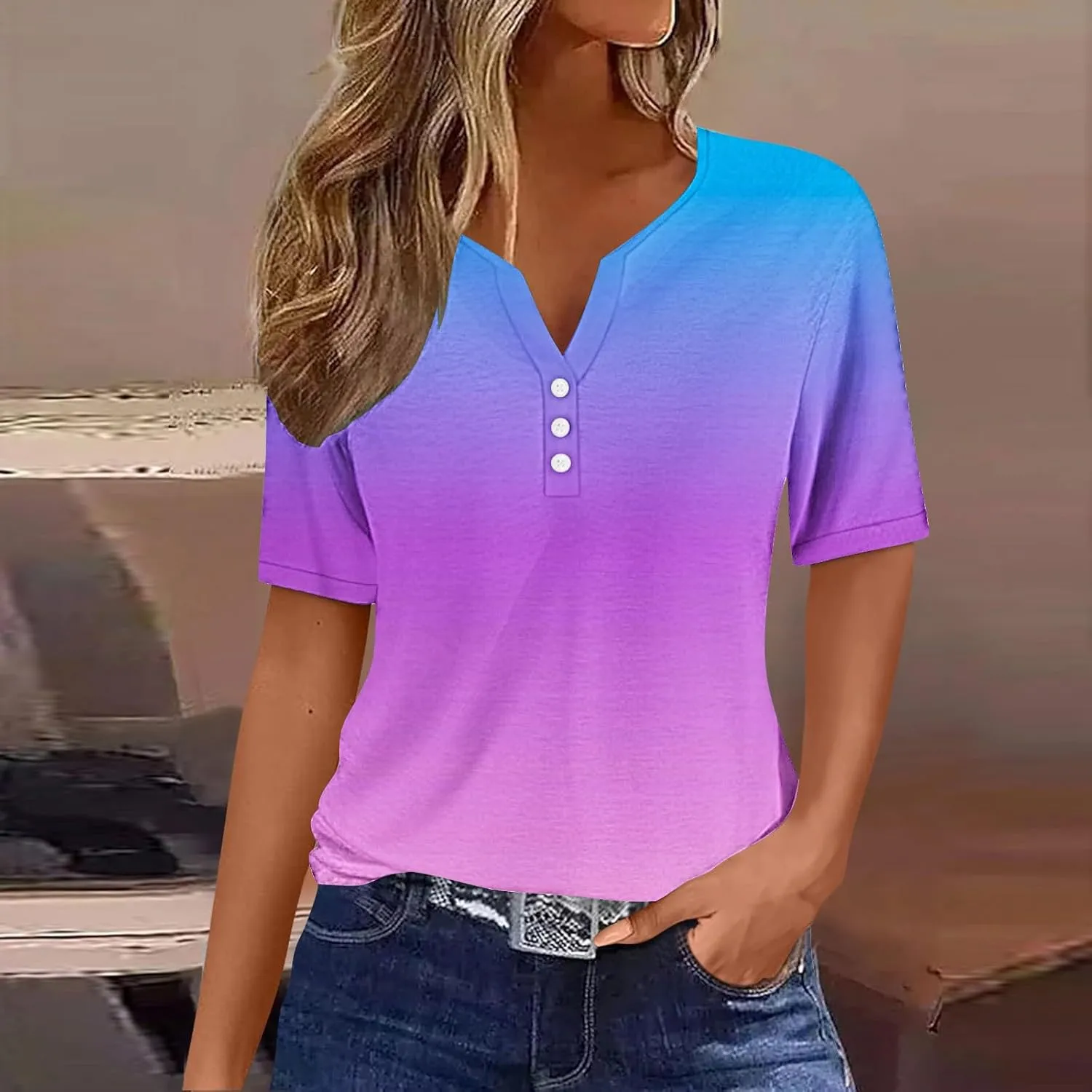 Button Down Shirts for Women Short Sleeve Summer Casual Tops V Neck Floral Print Henley Tshirt Trendy Tunic Blouses