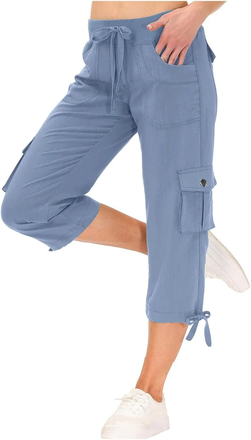 Cargo Capri Pants for Women High Waisted Relaxed Fit Elastic Waist Casual Capris Summer Cropped Pants Hiking Trousers