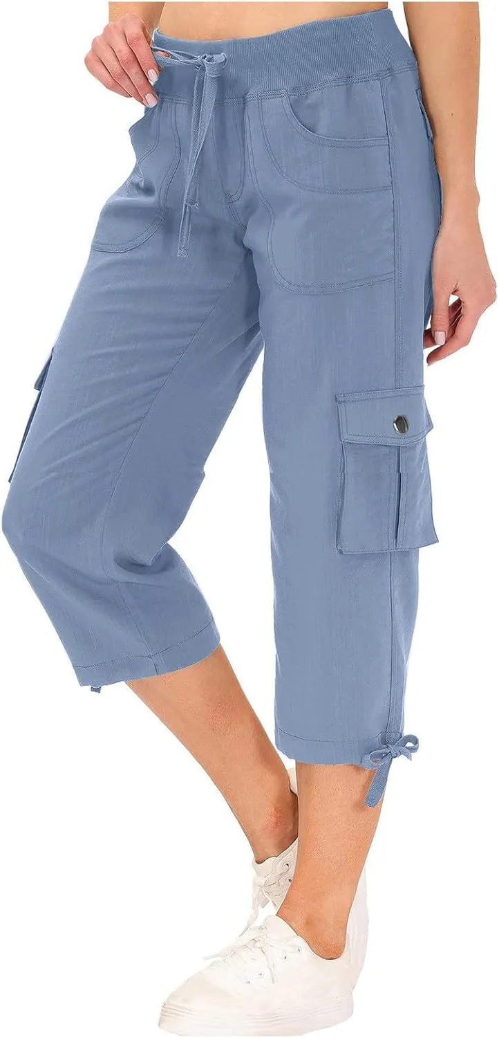 Cargo Capri Pants for Women High Waisted Relaxed Fit Elastic Waist Casual Capris Summer Cropped Pants Hiking Trousers