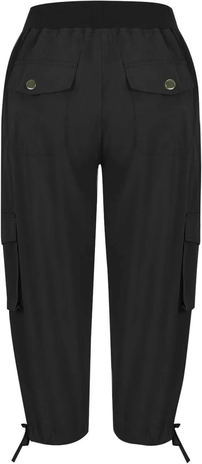 Cargo Capri Pants for Women High Waisted Relaxed Fit Elastic Waist Casual Capris Summer Cropped Pants Hiking Trousers