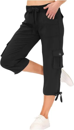 Cargo Capri Pants for Women High Waisted Relaxed Fit Elastic Waist Casual Capris Summer Cropped Pants Hiking Trousers