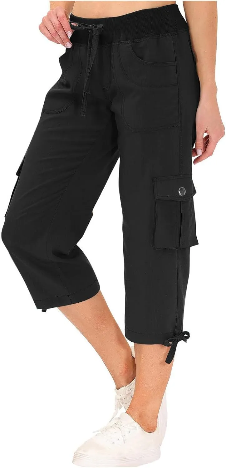 Cargo Capri Pants for Women High Waisted Relaxed Fit Elastic Waist Casual Capris Summer Cropped Pants Hiking Trousers