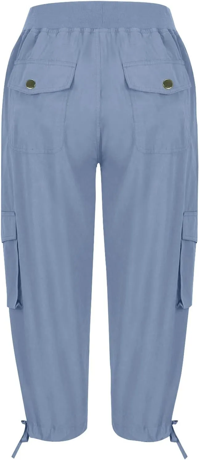 Cargo Capri Pants for Women High Waisted Relaxed Fit Elastic Waist Casual Capris Summer Cropped Pants Hiking Trousers