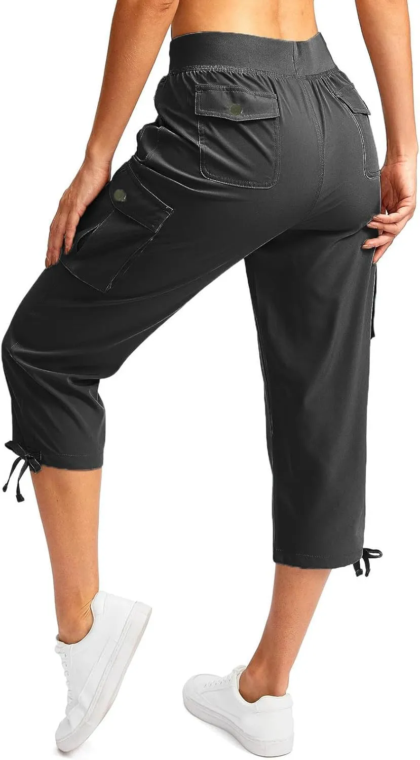 Cargo Capri Pants for Women High Waisted Relaxed Fit Elastic Waist Casual Capris Summer Cropped Pants Hiking Trousers