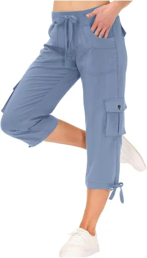 Cargo Capri Pants for Women High Waisted Relaxed Fit Elastic Waist Casual Capris Summer Cropped Pants Hiking Trousers
