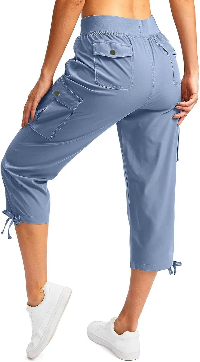 Cargo Capri Pants for Women High Waisted Relaxed Fit Elastic Waist Casual Capris Summer Cropped Pants Hiking Trousers
