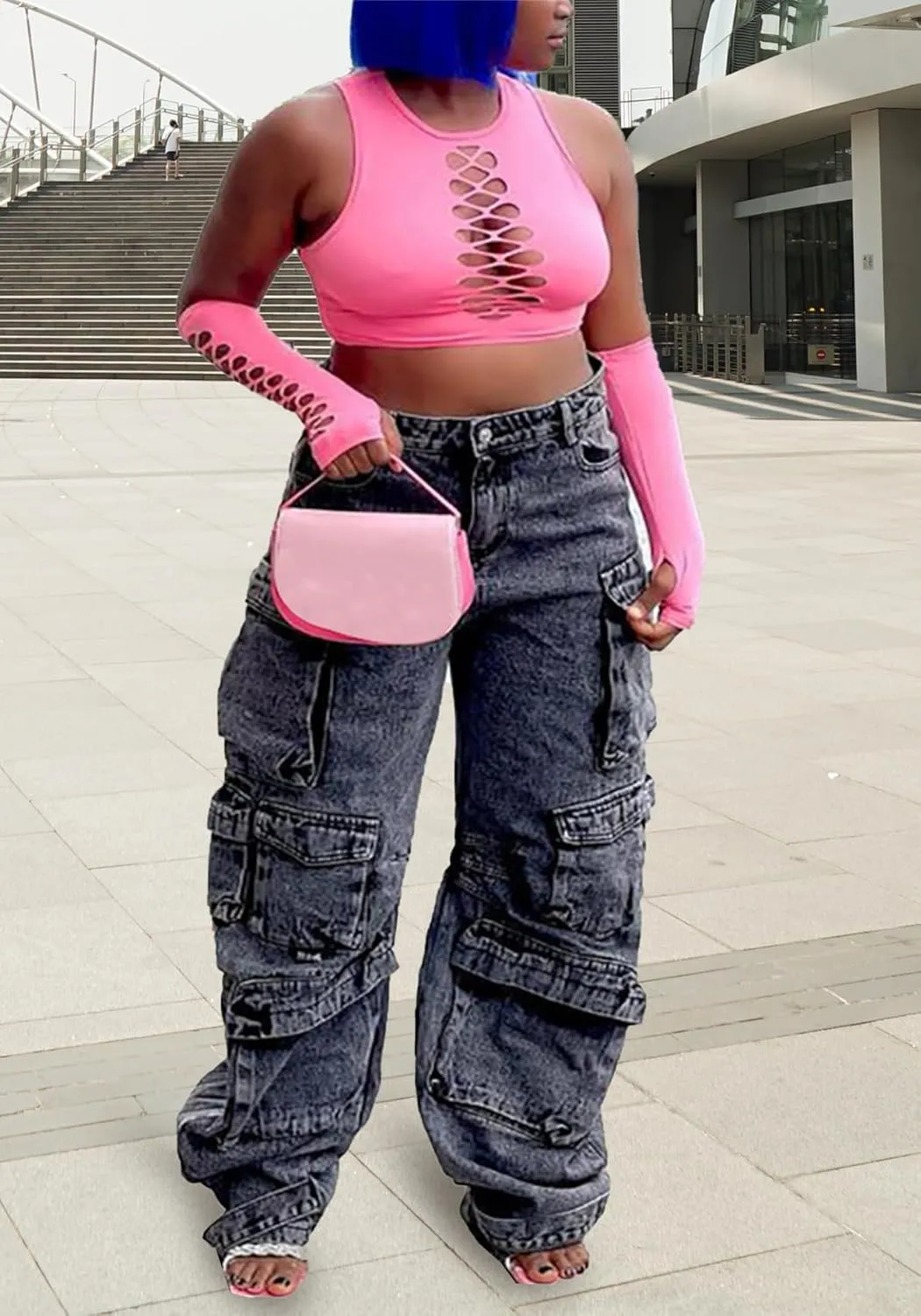 Cargo Jeans for Women Y2K High Waisted Baggy Jeans Straight Wide Leg Cargo Pants Streetwear