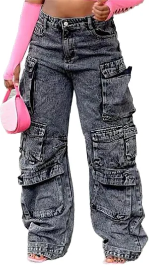 Cargo Jeans for Women Y2K High Waisted Baggy Jeans Straight Wide Leg Cargo Pants Streetwear