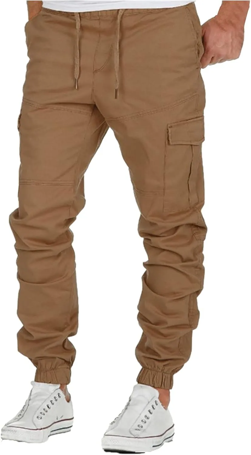 Cargo Pants for Men Relaxed Fit Waist Drawstring Athletic Trousers Casual Stretch Baggy Joggers Pockets Men's Outdoor