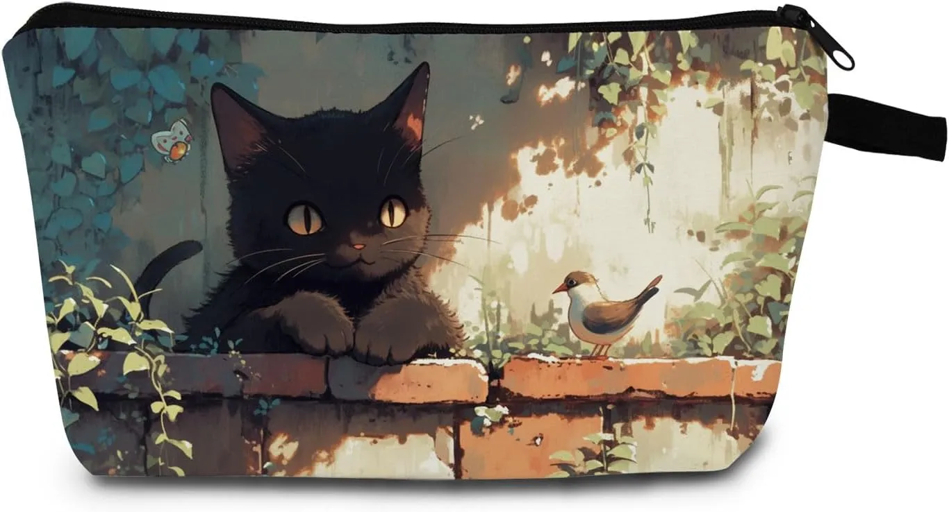 Cartoon Black Cat Print Women's Makeup Bag Small Organizer Toiletry Kit Travel Cosmetic Bag