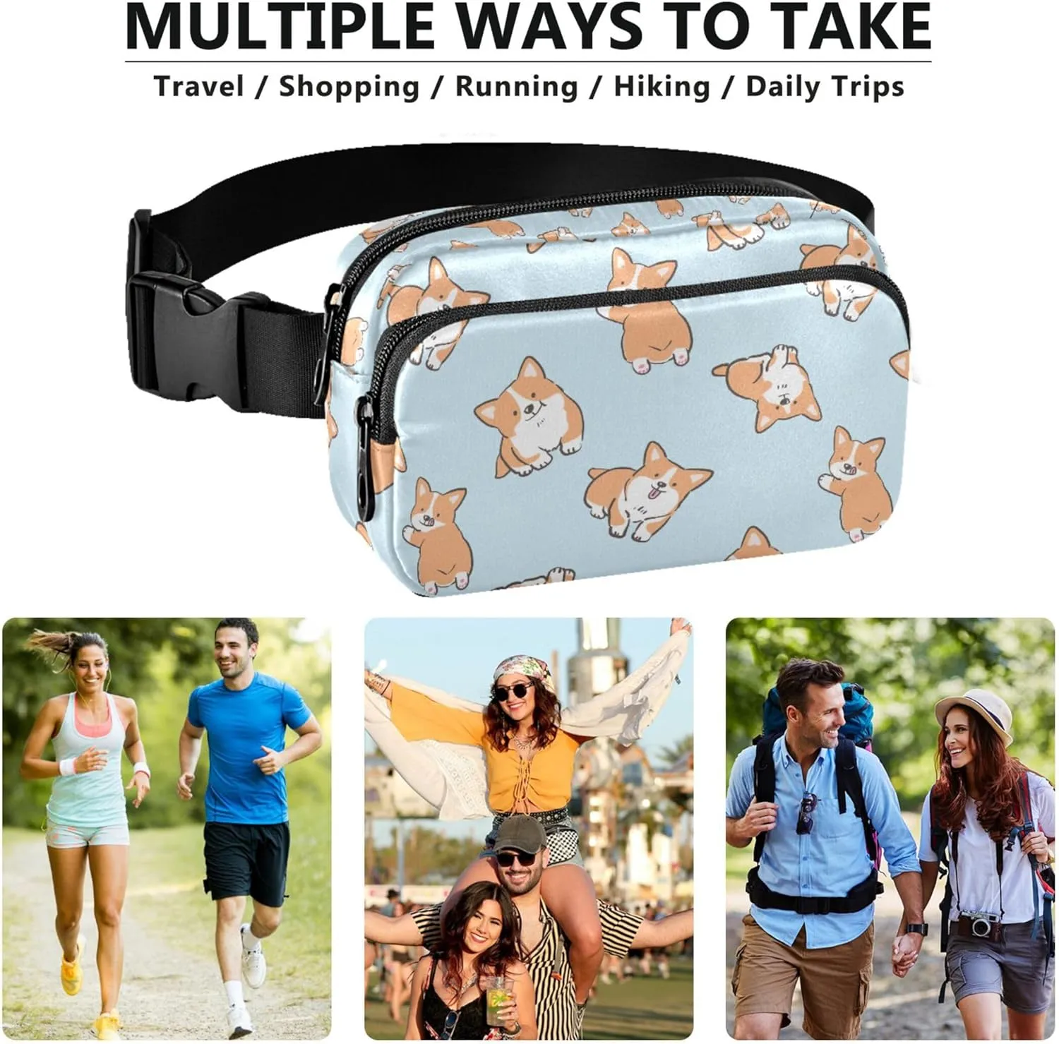 Cartoon Corgi Dog Women Fanny Packs Waterproof Belt Bag Hip Pouch Cute Travel Waist Pack for Men