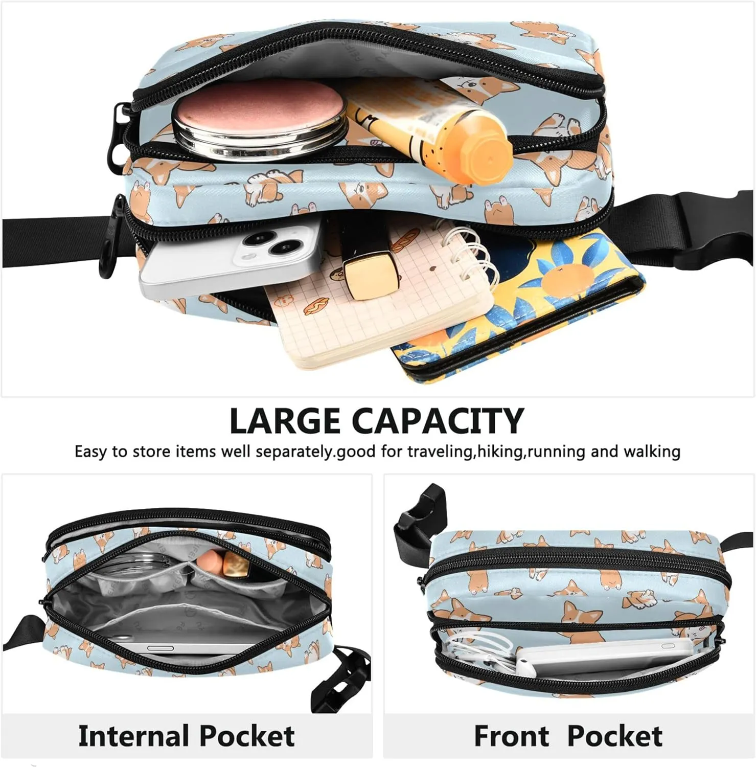 Cartoon Corgi Dog Women Fanny Packs Waterproof Belt Bag Hip Pouch Cute Travel Waist Pack for Men