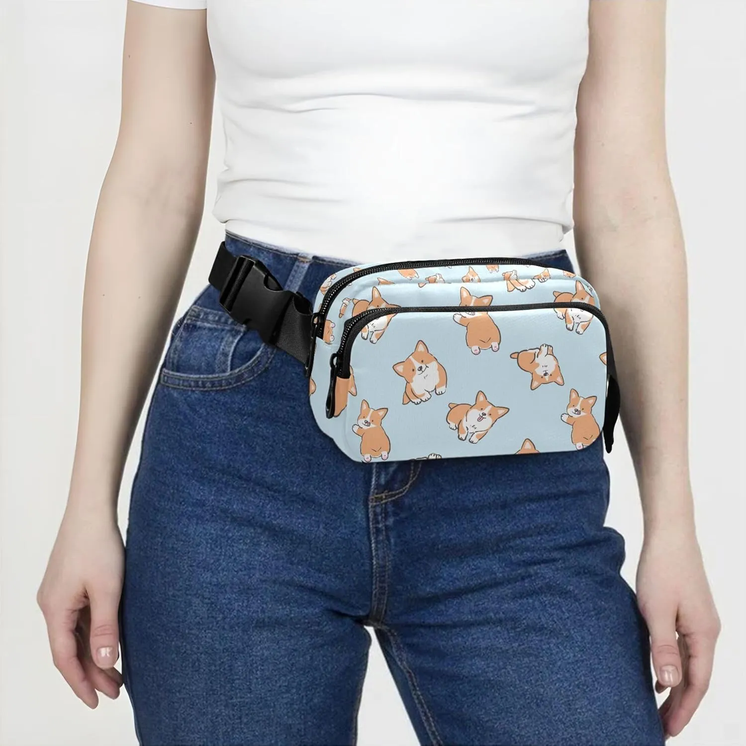 Cartoon Corgi Dog Women Fanny Packs Waterproof Belt Bag Hip Pouch Cute Travel Waist Pack for Men