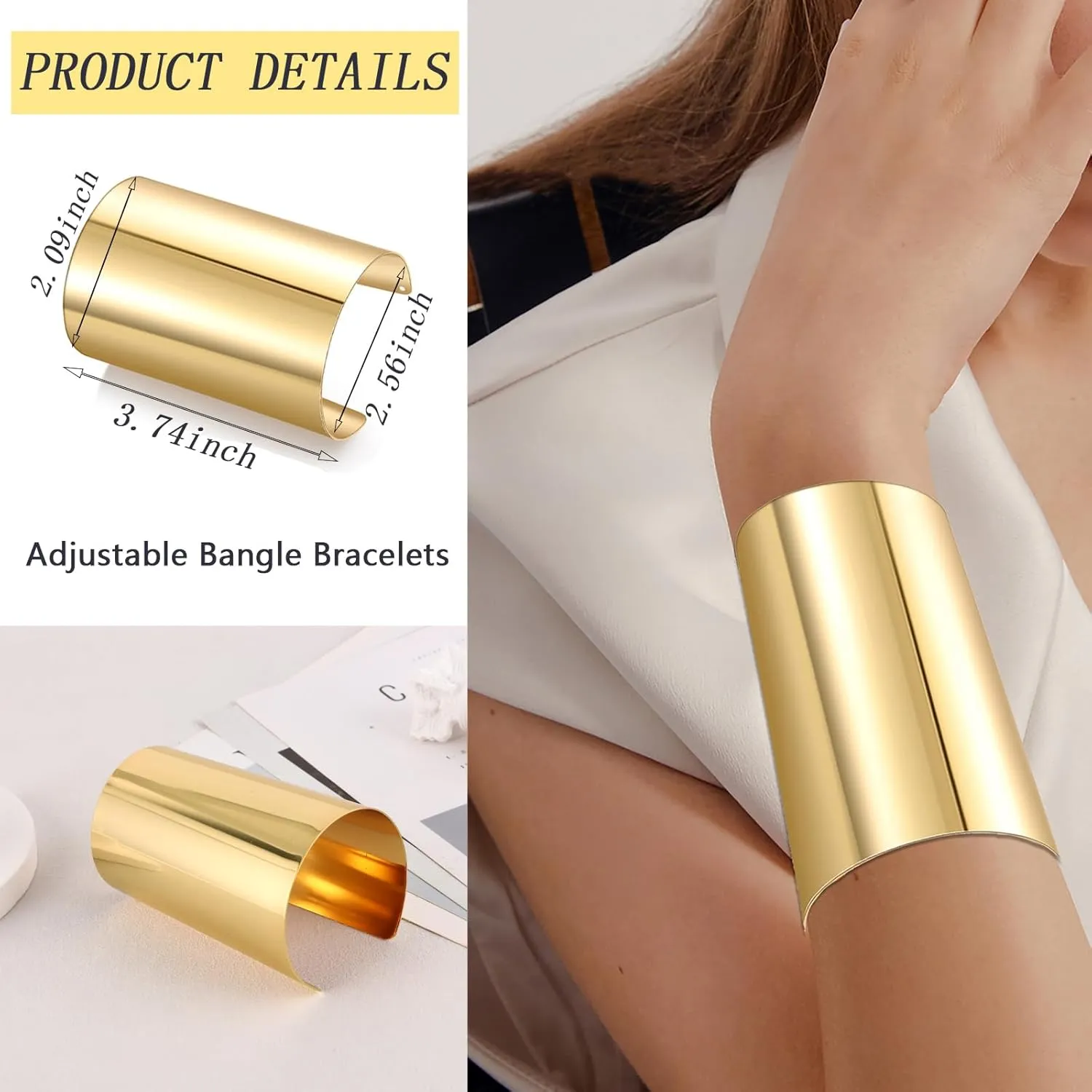 CASDAN 2Pcs Cuff Bangle Bracelet for Women Open Wide Bracelets Gold and Silver Adjustable Wrist Cuff Wrap Bracele