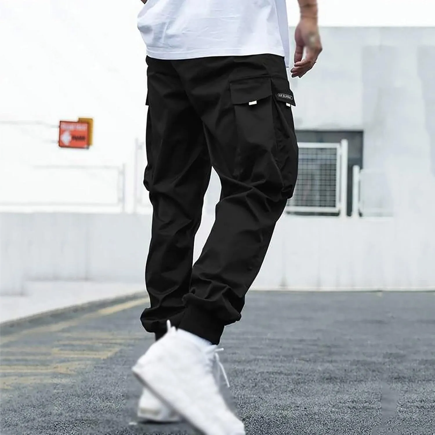 Casual Cargo Pants for Men Elastic Waist Relaxed Fit Trousers Hiking Joggers Athletic Pants with Multi Pockets