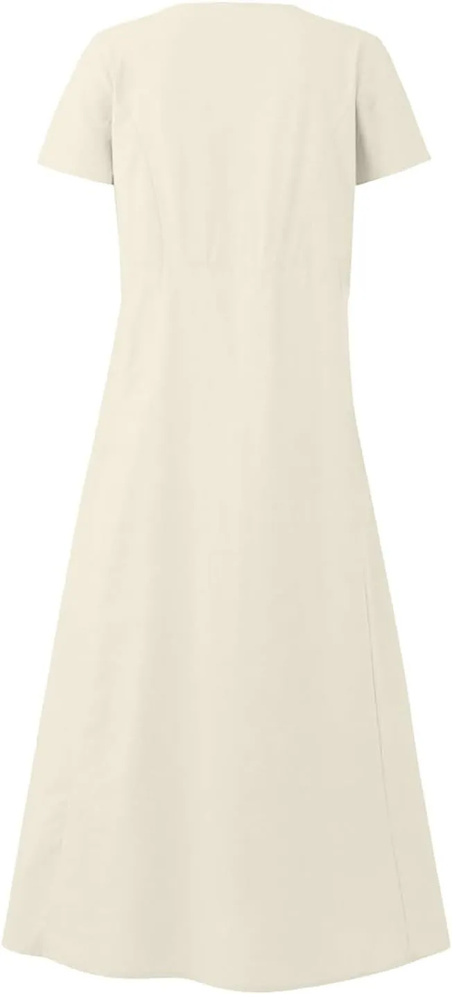 Casual Loose Shirt Dress Womens Basic Cotton Linen Maxi Dress Summer Short Sleeve Boatneck A-Line Dress with Pockets