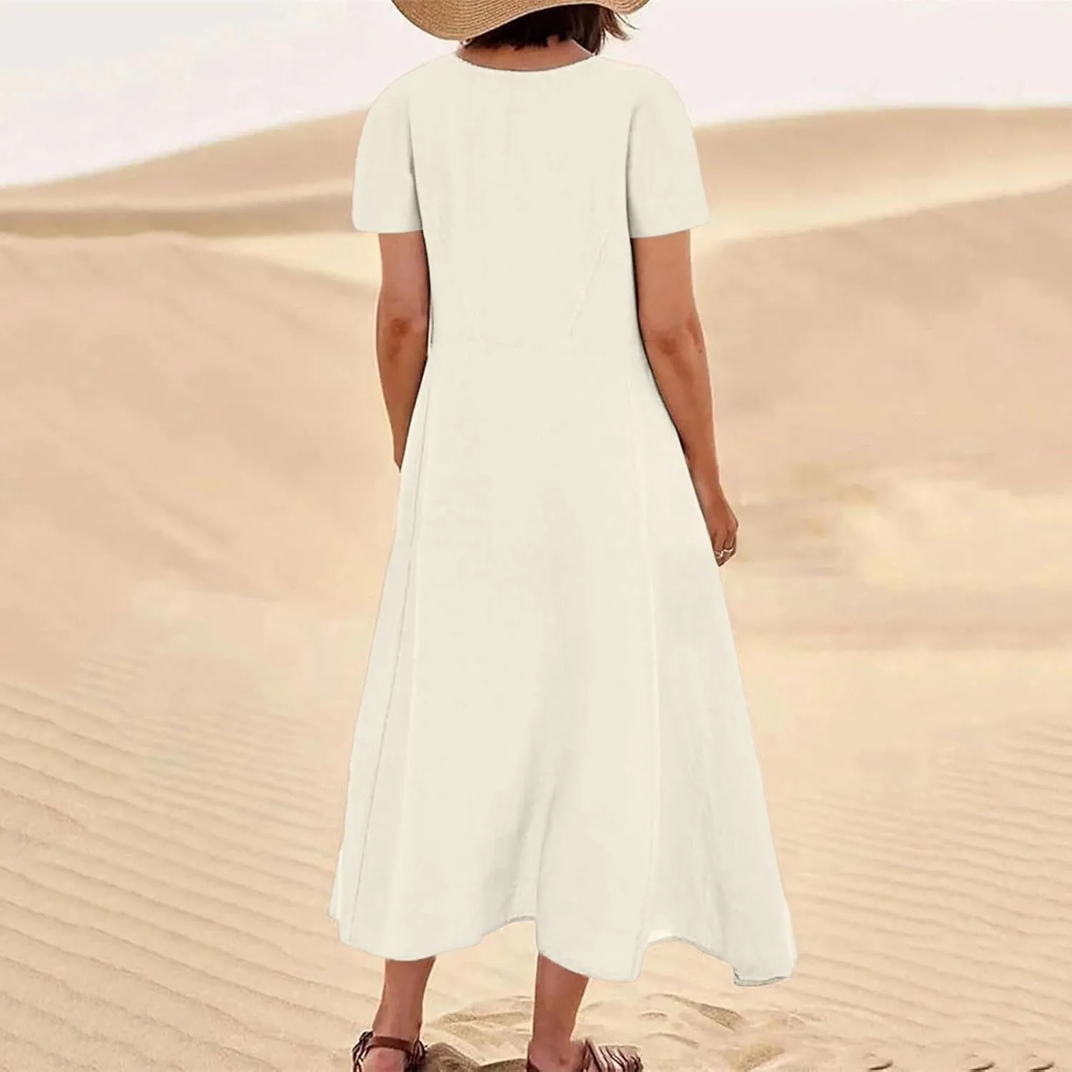 Casual Loose Shirt Dress Womens Basic Cotton Linen Maxi Dress Summer Short Sleeve Boatneck A-Line Dress with Pockets