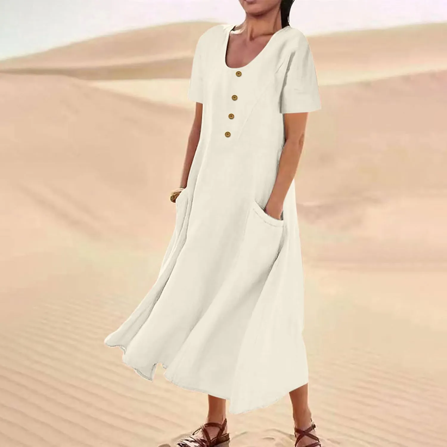 Casual Loose Shirt Dress Womens Basic Cotton Linen Maxi Dress Summer Short Sleeve Boatneck A-Line Dress with Pockets