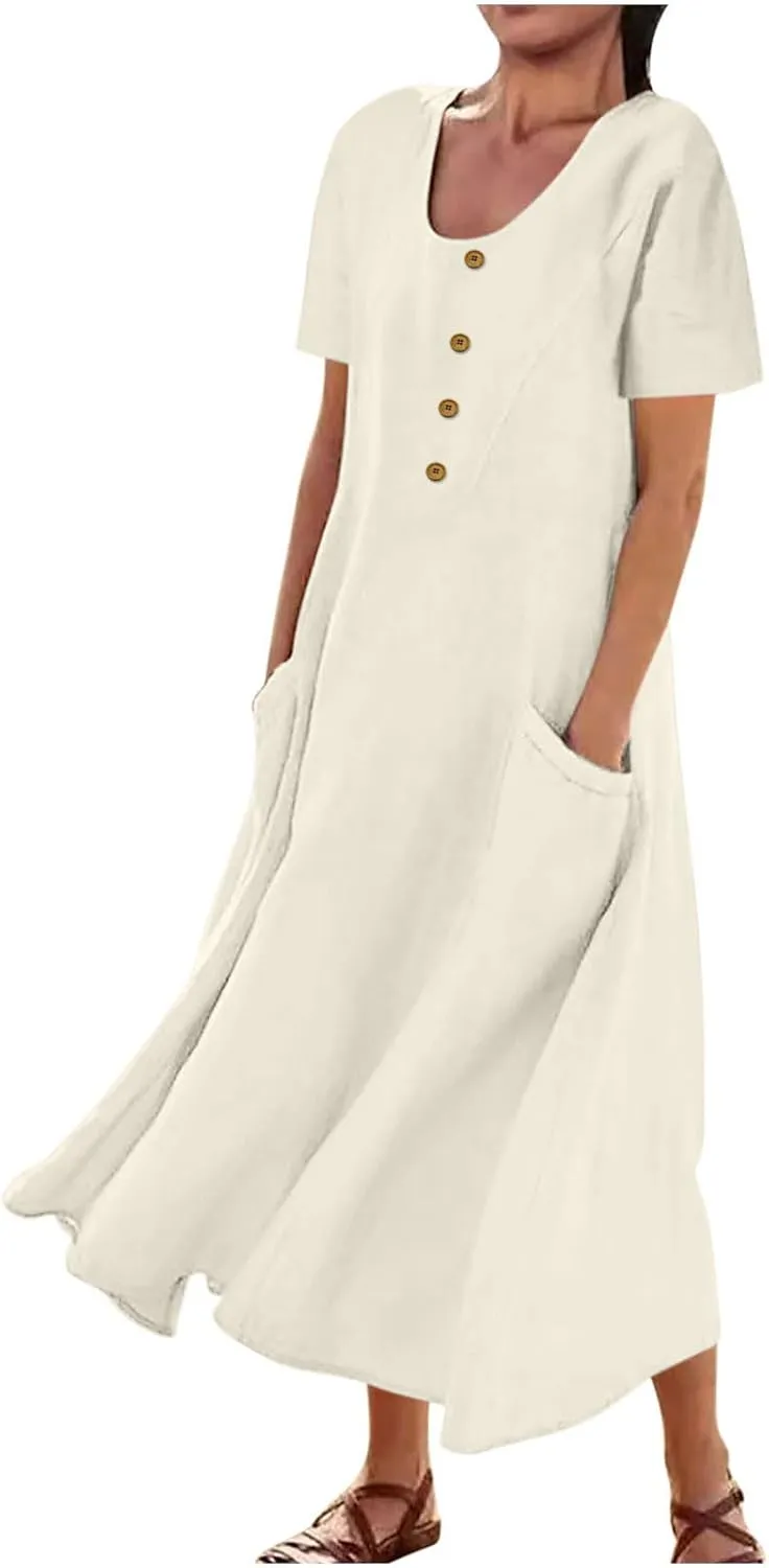 Casual Loose Shirt Dress Womens Basic Cotton Linen Maxi Dress Summer Short Sleeve Boatneck A-Line Dress with Pockets