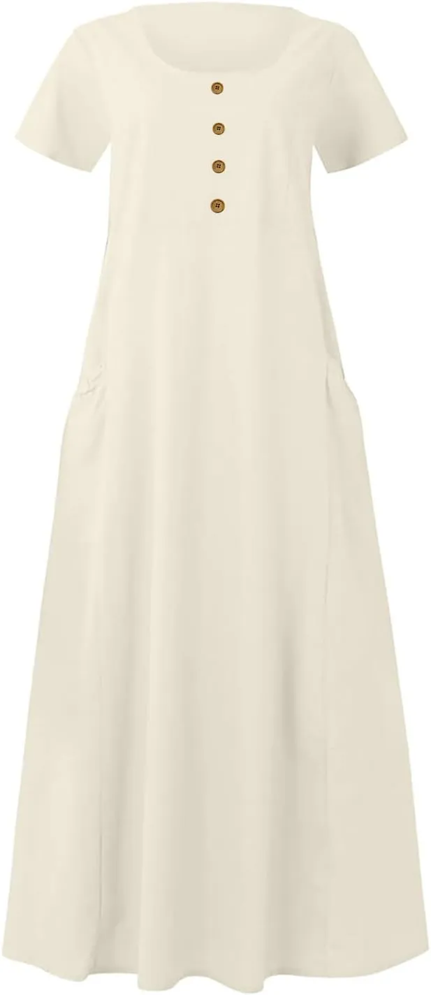 Casual Loose Shirt Dress Womens Basic Cotton Linen Maxi Dress Summer Short Sleeve Boatneck A-Line Dress with Pockets