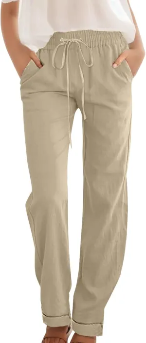 Casual Pants for Women Wide Leg Trousers Adjustable Drawstring High Waist Lightweight Linen Blend Relaxed Fit