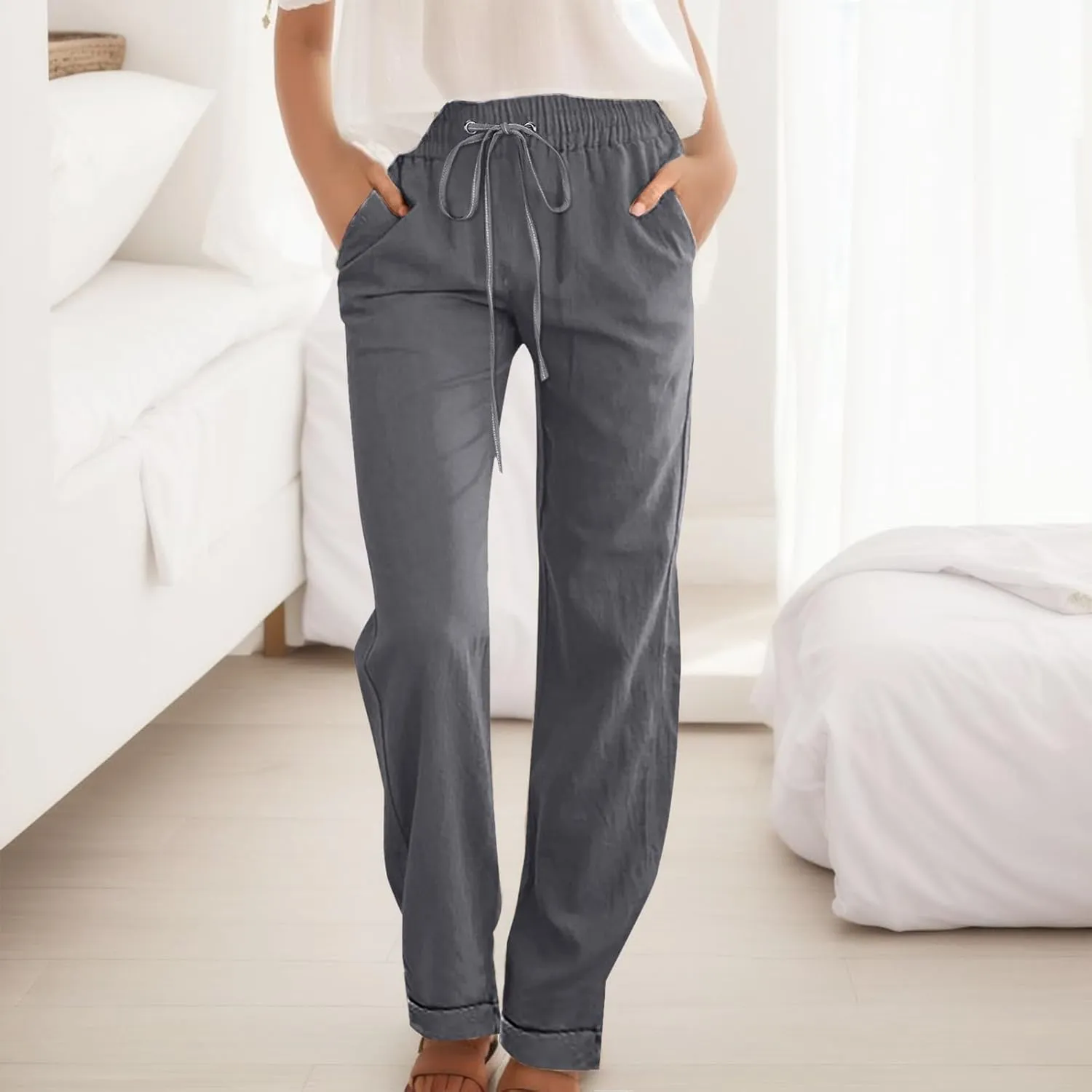 Casual Pants for Women Wide Leg Trousers Adjustable Drawstring High Waist Lightweight Linen Blend Relaxed Fit