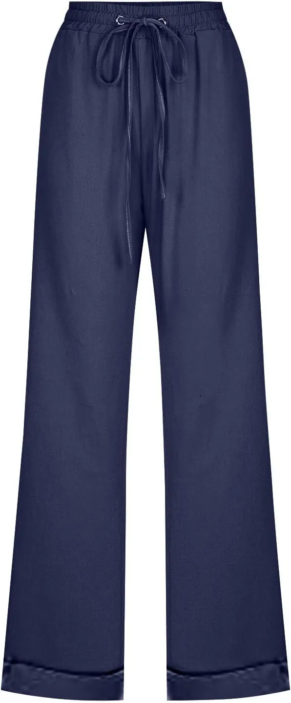 Casual Pants for Women Wide Leg Trousers Adjustable Drawstring High Waist Lightweight Linen Blend Relaxed Fit
