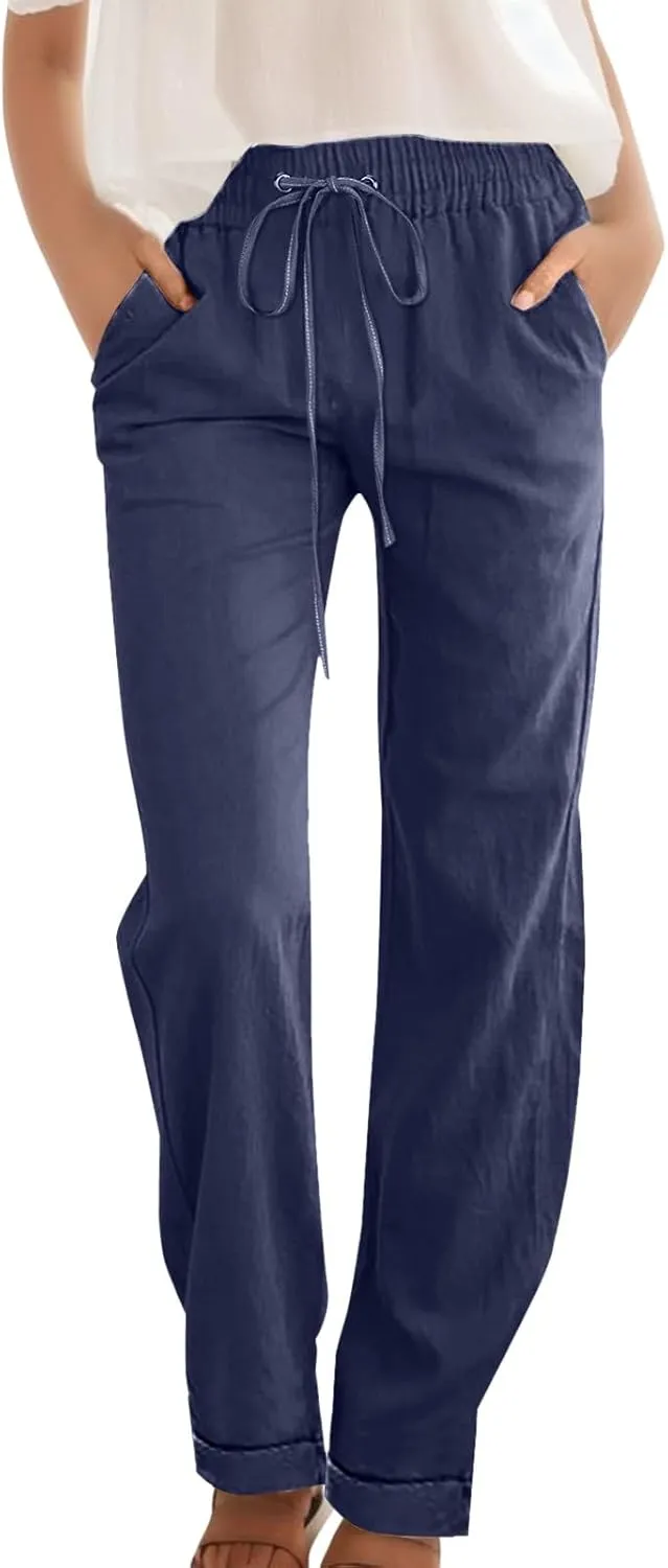 Casual Pants for Women Wide Leg Trousers Adjustable Drawstring High Waist Lightweight Linen Blend Relaxed Fit
