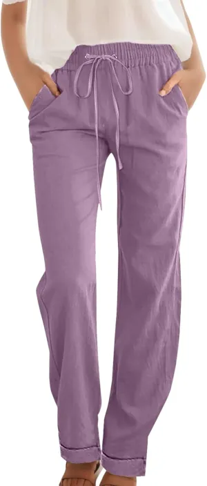 Casual Pants for Women Wide Leg Trousers Adjustable Drawstring High Waist Lightweight Linen Blend Relaxed Fit