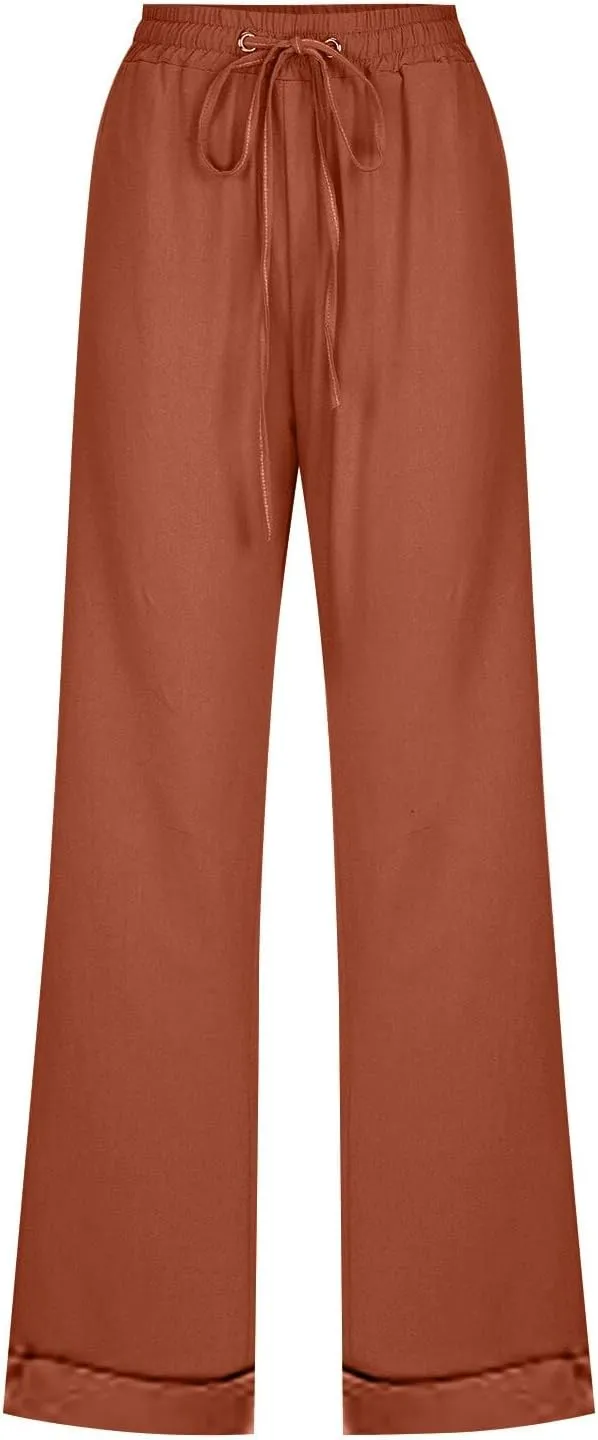 Casual Pants for Women Wide Leg Trousers Adjustable Drawstring High Waist Lightweight Linen Blend Relaxed Fit