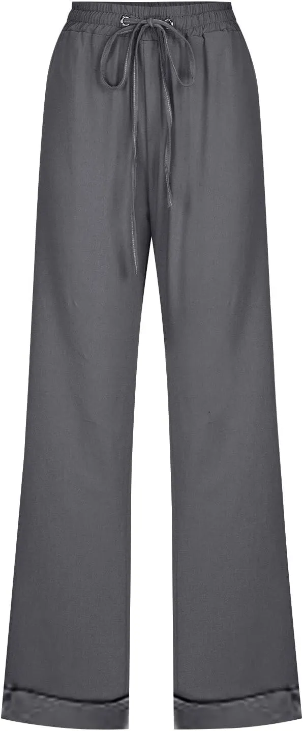 Casual Pants for Women Wide Leg Trousers Adjustable Drawstring High Waist Lightweight Linen Blend Relaxed Fit