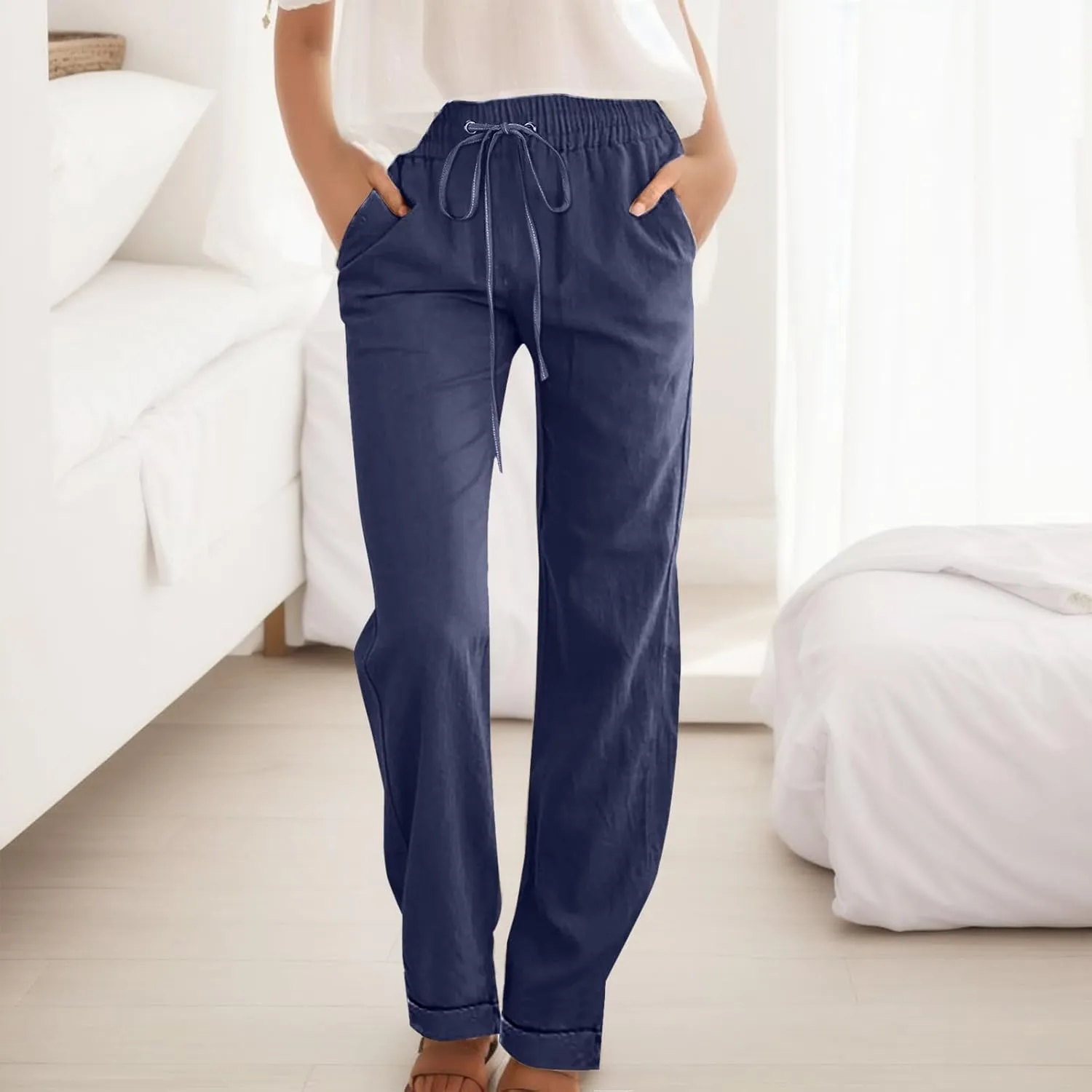 Casual Pants for Women Wide Leg Trousers Adjustable Drawstring High Waist Lightweight Linen Blend Relaxed Fit