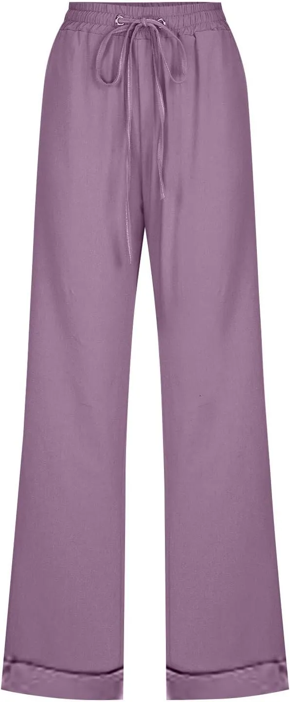 Casual Pants for Women Wide Leg Trousers Adjustable Drawstring High Waist Lightweight Linen Blend Relaxed Fit