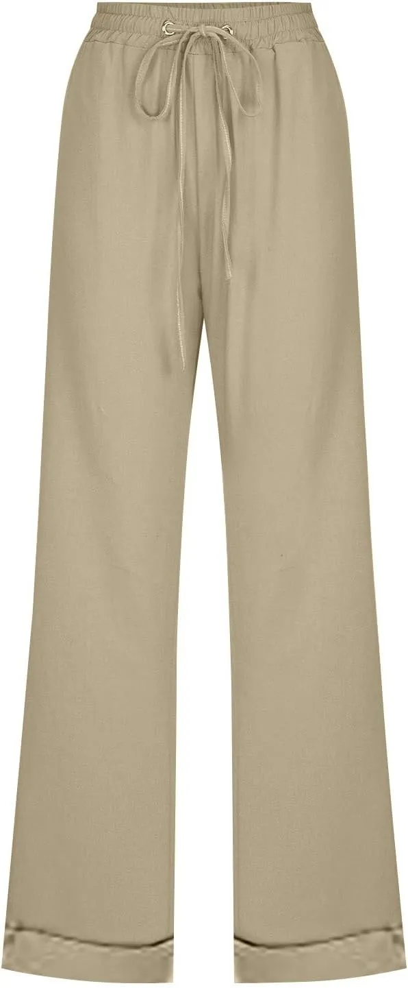 Casual Pants for Women Wide Leg Trousers Adjustable Drawstring High Waist Lightweight Linen Blend Relaxed Fit
